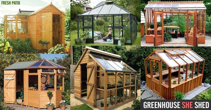 several different types of greenhouses are shown in this collage with the words greenhouse she shed