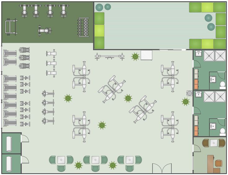 an overhead view of a restaurant with tables, chairs and benches in the floor plan