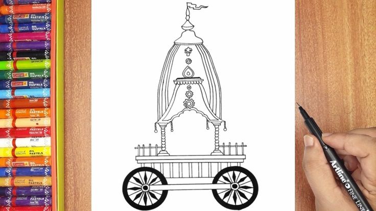 a drawing of a horse drawn carriage in black and white, with colored crayons next to it