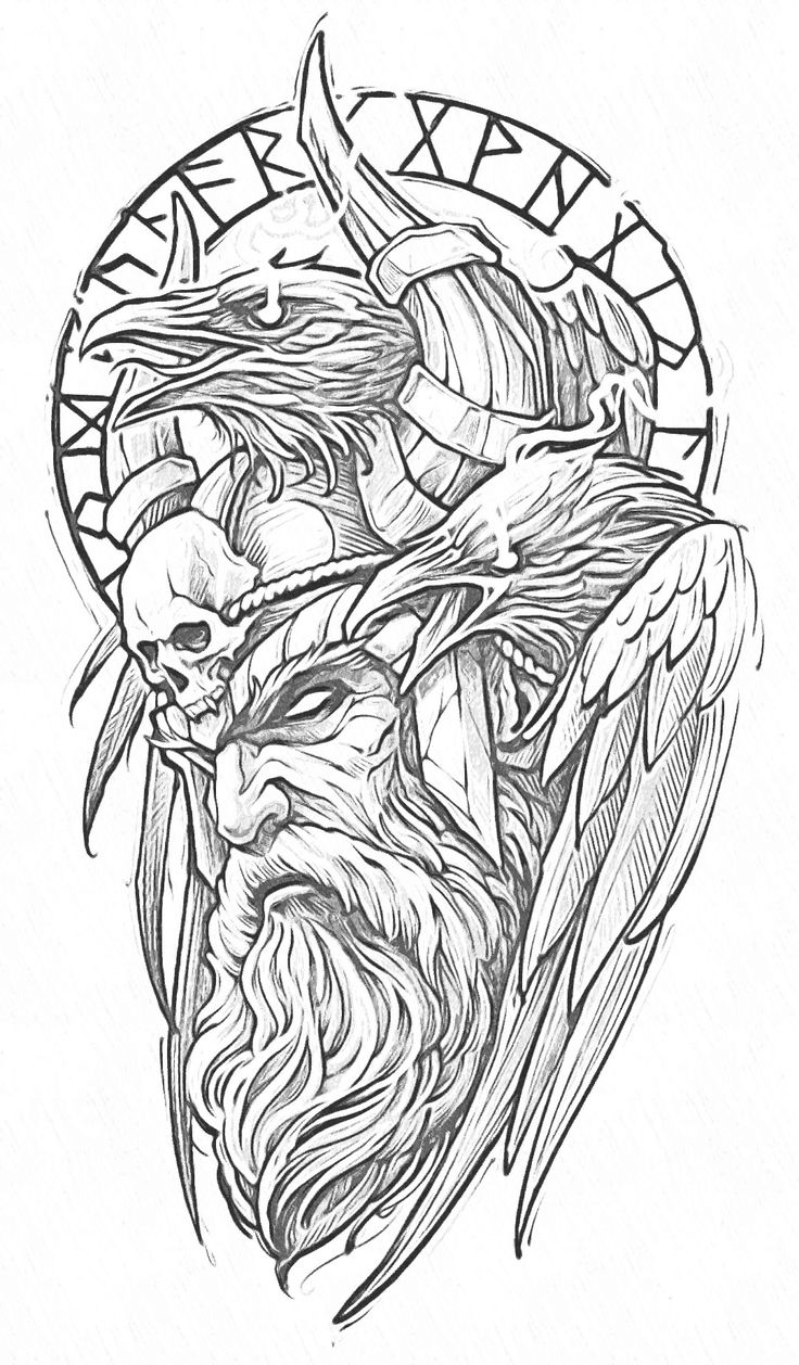 a drawing of an old man's head with horns and wings on his face