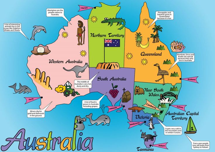 an illustrated map of australia with all the major cities and their main attractions on it