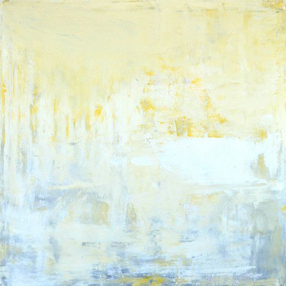 an abstract painting with yellow, blue and white colors on the bottom half of it