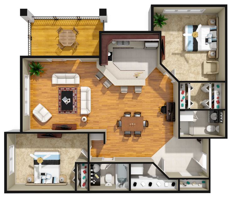 an overhead view of a two bedroom, one bath apartment with living room and dining area