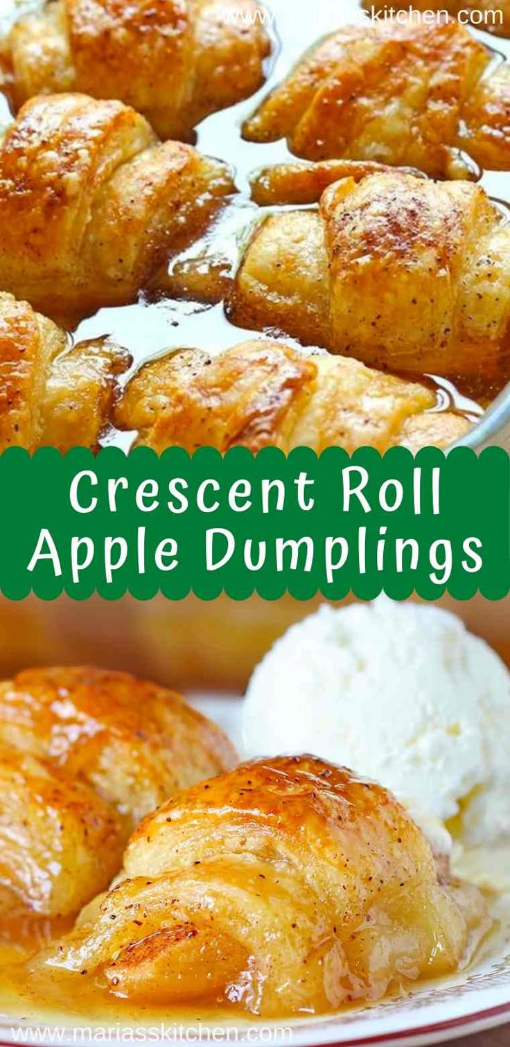 an apple dumpling recipe is shown with the words crescent roll apples dumplings on it