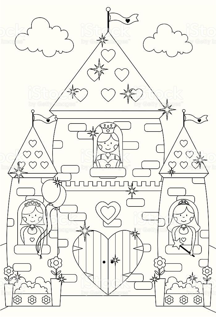 Outline drawing of princesses at the windows of their fairy tale