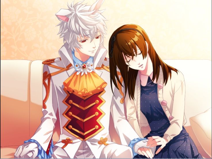 two anime characters sitting on a couch with one holding the other's arm around his shoulder