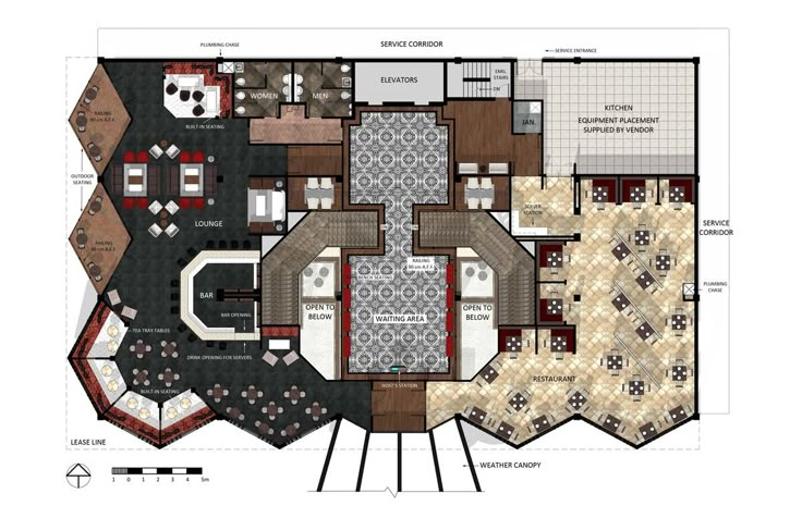 a floor plan for a restaurant with tables and chairs, seating areas, and an open kitchen