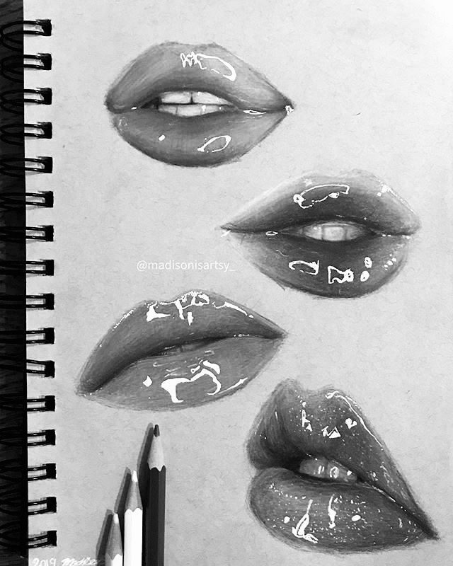 pencil drawings of different lips with writing on them