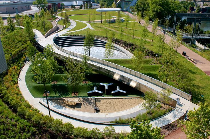 an aerial view of a park with benches and trees