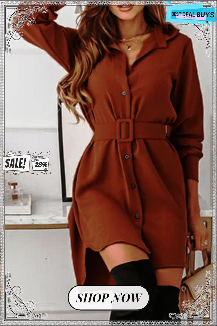 Casual Elegant Solid Buckle with Belt Turndown Collar Shirt Dress Dresses Fitted Belted Shirt Dress For Fall, Belted Fitted Shirt Dress For Fall, Short Sleeve Solid Color Mini Dress For Fall, Solid Color Short Sleeve Mini Dress For Fall, Fitted Solid Color Shirt Dress For Fall, Solid Buttoned Dresses For Fall, Long Sleeve Shirt Dress For Office In Winter, Long Sleeve Winter Shirt Dress For Office, Solid Fall Dress With Buttons