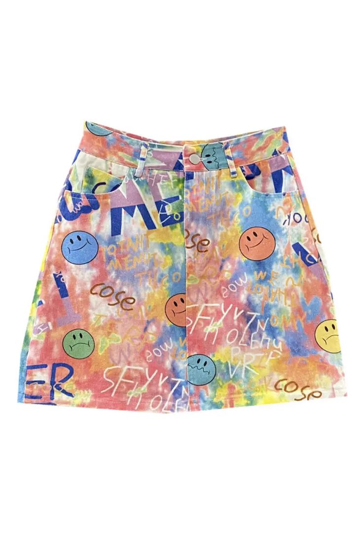 Colorful Acid Graffiti Smile Face Aesthetic Denim Jean Skirt-01 Trendy Summer Pencil Skirt, Trendy Summer Mini Skirt, Spring Multicolor Graphic Print Skirt, Multicolor Graphic Print Skirt For Spring, Trendy Summer Cotton Skirt, Trendy Cotton Summer Skirt, Trendy Cotton Skirt For Summer, Casual Multicolor Skirt With Pockets, Trendy Printed Summer Skirt