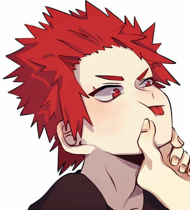 an anime character with red hair and piercings on his ears looking to the side