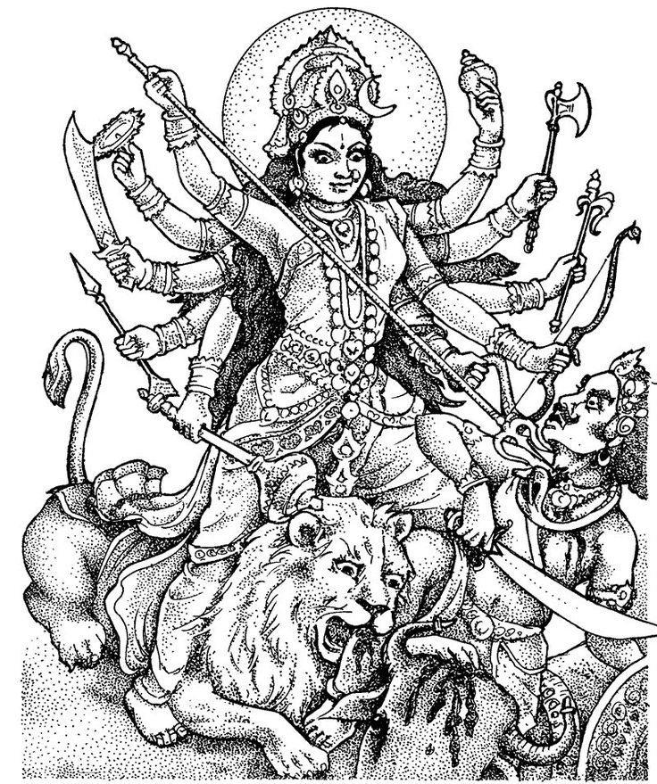 the hindu god sitting on top of a lion, surrounded by other animals