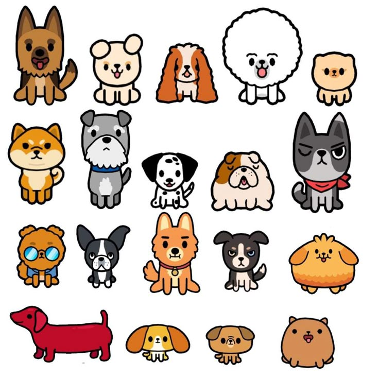 a bunch of dogs that are all different colors and sizes, with one dog in the middle