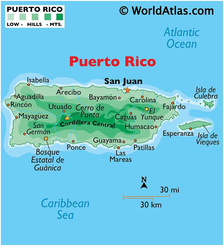 a map of puerto rico with the capital and major cities on it's borders