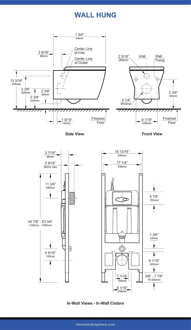 the technical drawing for a wall hung toilet