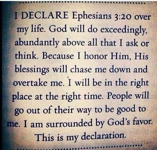 a poem written in blue ink on paper with the words, i declare ephesians 3 20 over my life