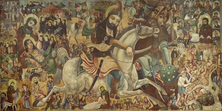 an old painting with many people and animals on it's sides, including men riding horses