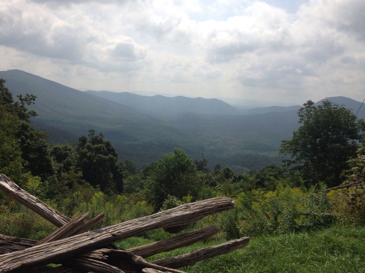 a pile of wood sitting on top of a lush green hillside covered in forest and mountains