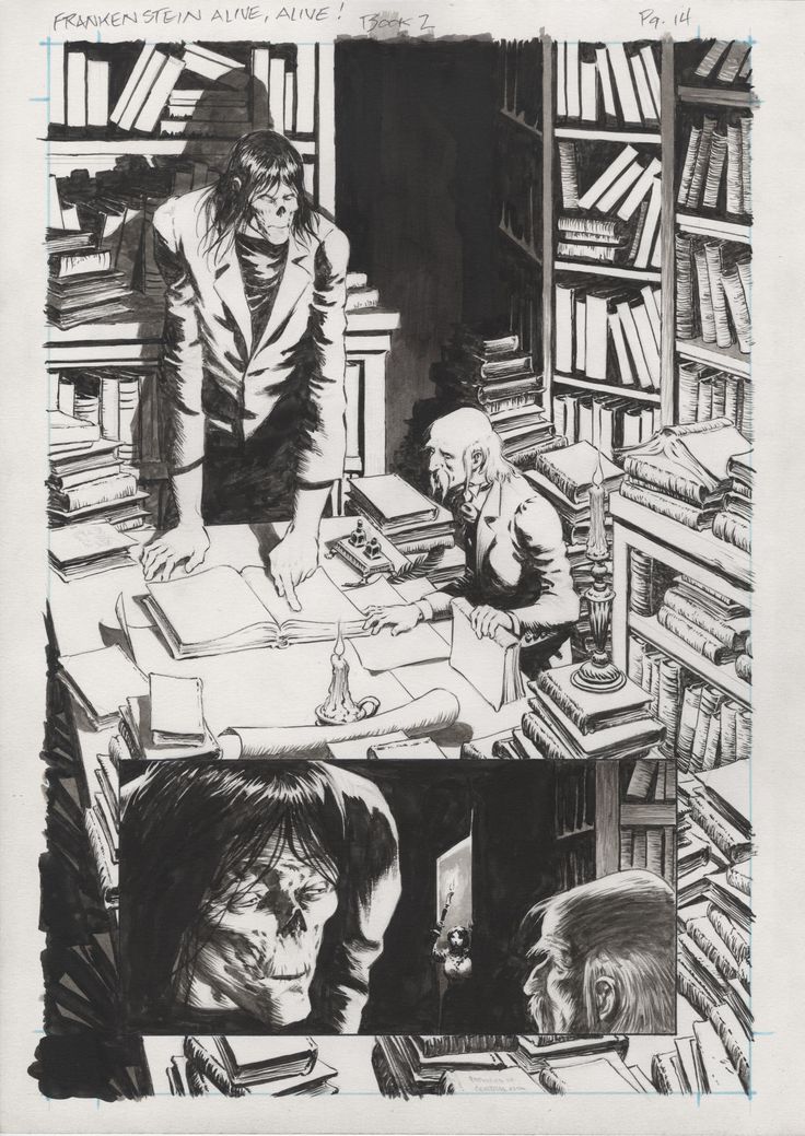 an image of a comic book page with two people looking at books on the table