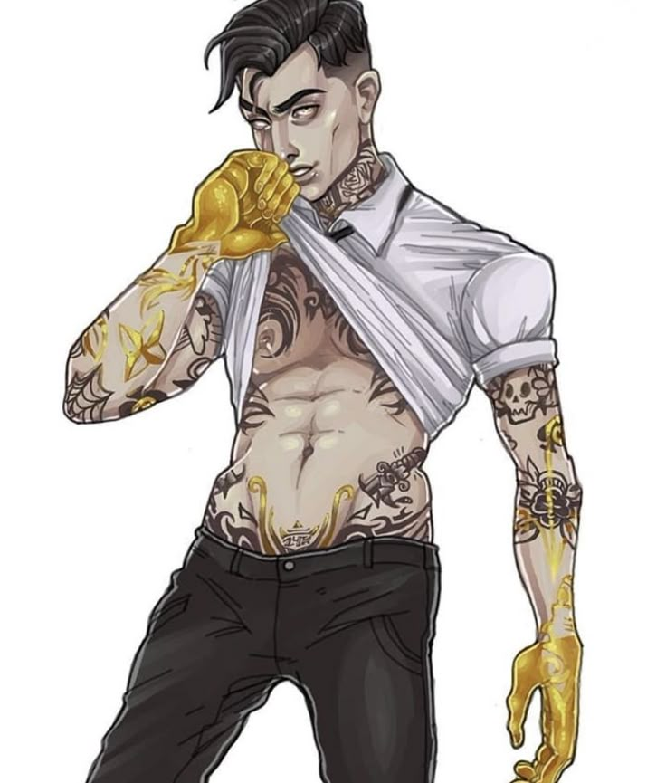 a drawing of a man with tattoos on his arm holding a knife in one hand