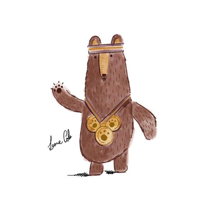 a drawing of a brown bear holding a coin and wearing a gold ring around its neck