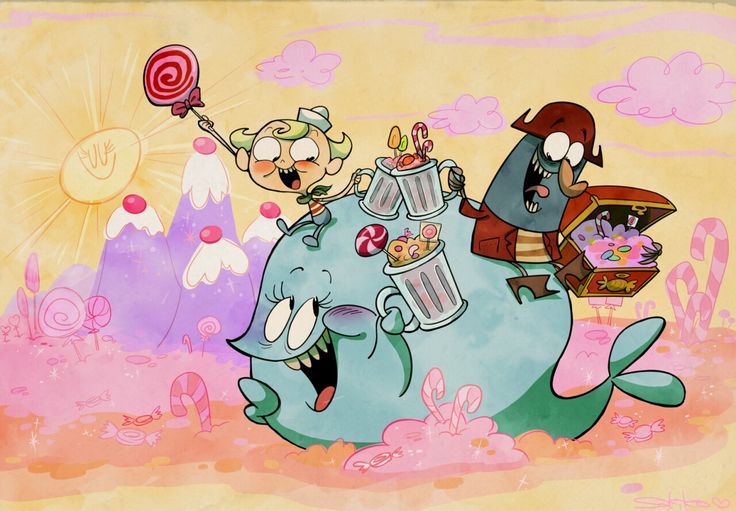 two cartoon characters riding on top of an elephant with candy and candies in its trunk