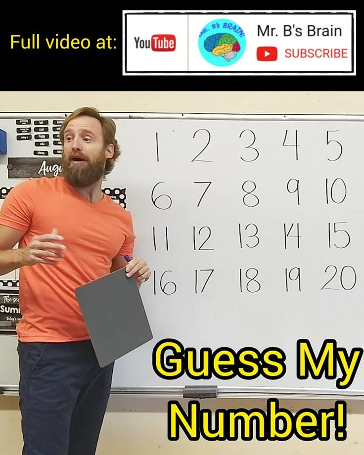 a man standing in front of a whiteboard with numbers on it and the words guess my number