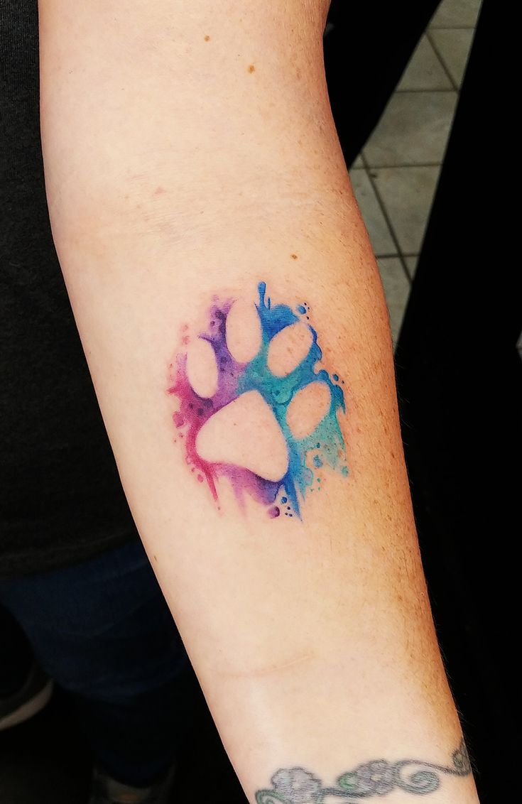 a person with a tattoo on their arm has a dog's paw painted in watercolor