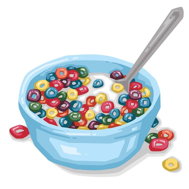 a bowl full of cereal with a spoon sticking out of the top, surrounded by colorful donuts