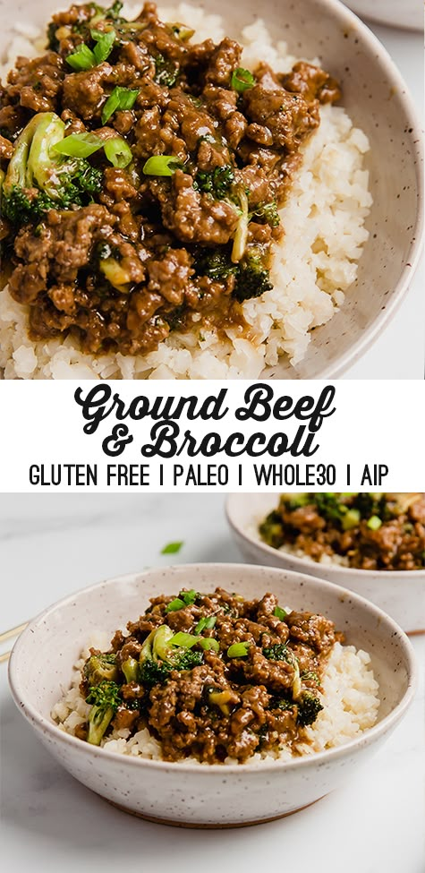 two pictures of ground beef and broccoli on top of rice in white bowls