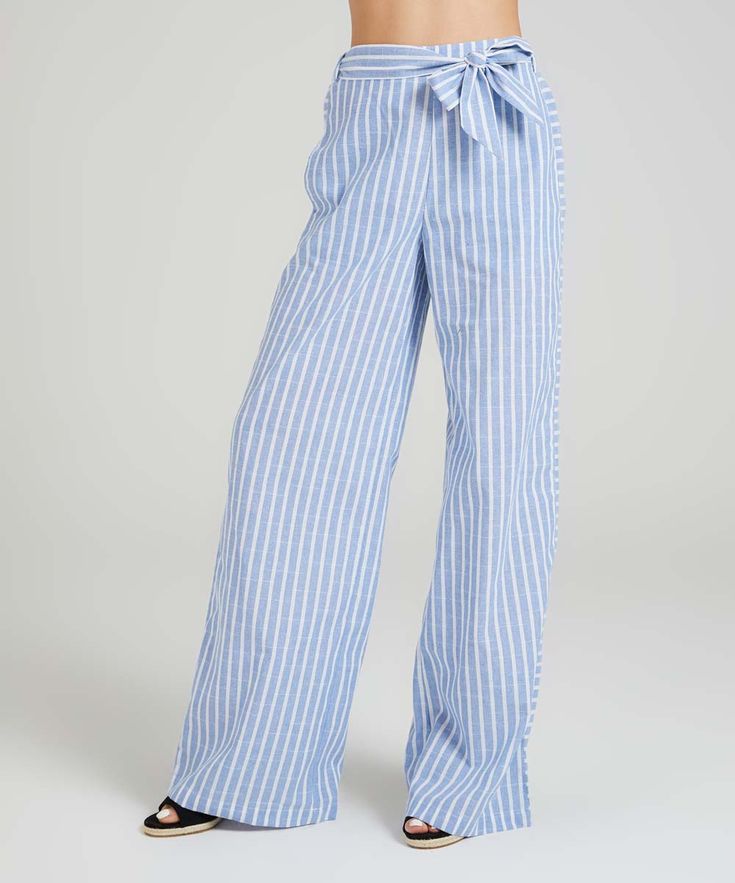 Suzanne Betro Light Blue & White Stripe Linen-Blend Wide-Leg Pants - Women & Plus | Zulily Striped Linen Pants Outfit, Linen Pants Outfit, Striped Linen Pants, Outfit Png, Pants Details, Popular Outfits, Pants Women, Striped Linen, Linen Pants