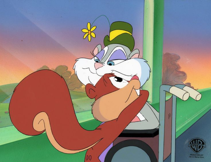 an animated squirrel with a hat and glasses on his head, leaning against a pole