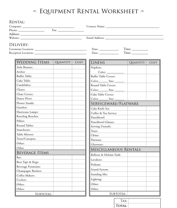 the equipment rental worksheet is shown in black and white, with text on it