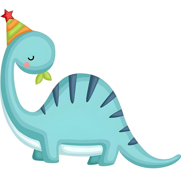 a blue dinosaur with a party hat on its head