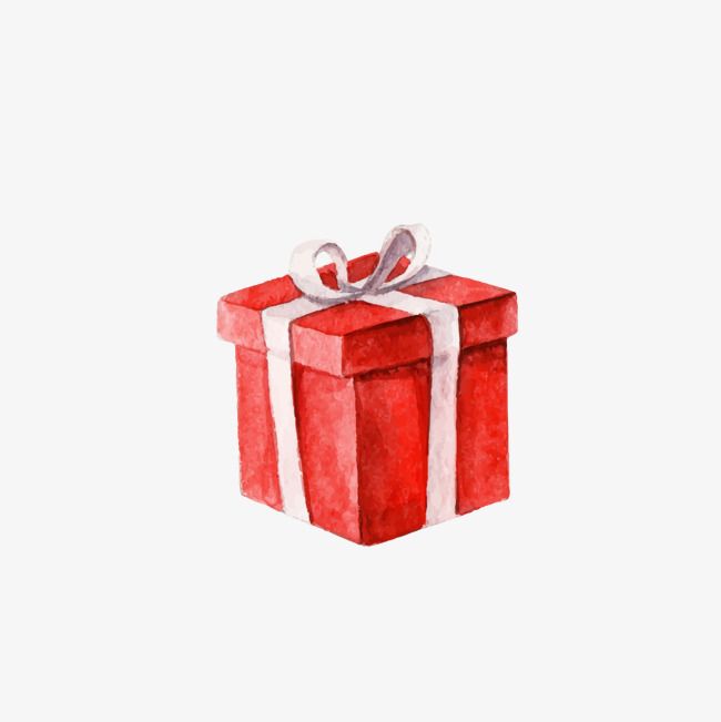 a watercolor drawing of a red gift box with a white ribbon and bow on it