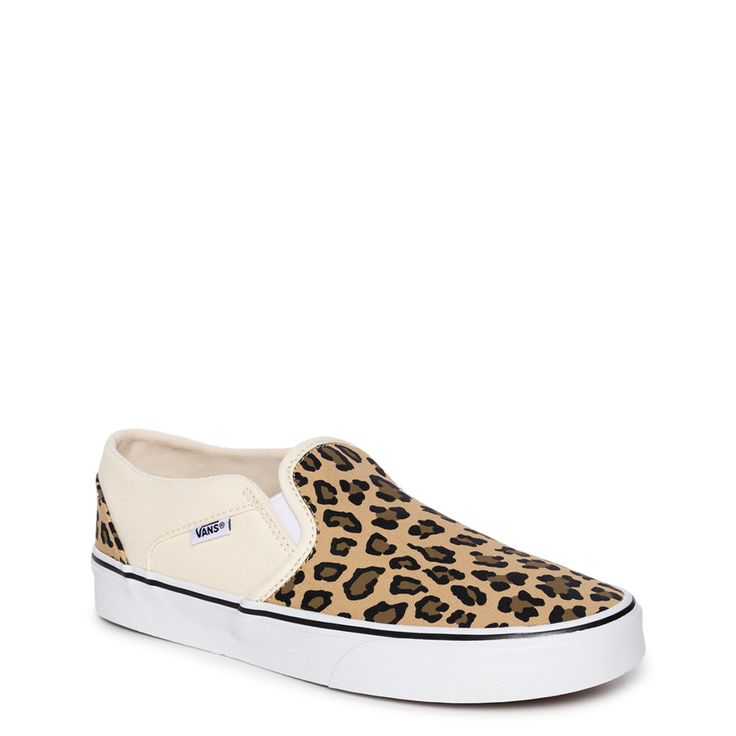 Take your laidback looks to a whole new level donning these women's Vans Asher leopard/antique white/white athleisure sneakers. Made of canvas upper in a slip-on design, these fashion athletic sneakers have leopard prints at the front and heel counter, gore elastic panels for a snug fit and easy on/off wear, low-cut profile and rubber outsole. | Vans Women's Asher Slip-On Sneaker in Leopard/Antique White Size 6 Medium Slip-on Low-top Sneakers With Speckled Midsole, Sporty Canvas Slip-on Sneakers, Casual White Slip-ons With Contrast Sole, Streetwear Sneakers With Contrast Sole And Slip-on Design, Slip-on Canvas Shoes For Streetwear With White Sole, White Textile Low-top Slip-ons, Comfortable Canvas Slip-ons, Trendy Slip-on Canvas Shoes With Contrast Sole, Black Canvas Slip-on Sneakers