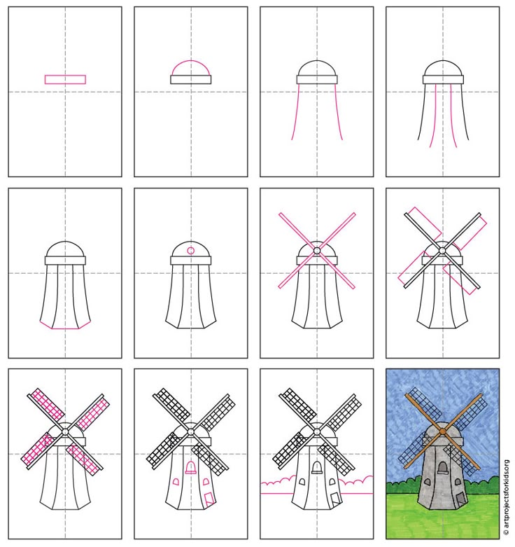 how to draw windmills for kids