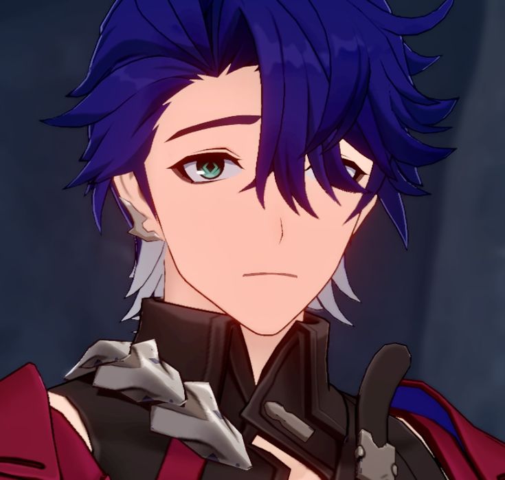 an anime character with purple hair and blue eyes looking at the camera while wearing armor