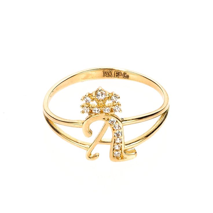 Crown Initial Letter 'A' Ring in 14K Gold with CZ Anniversary Cubic Zirconia Rings With Initials, Classic Initial Ring With Cubic Zirconia For Wedding, Yellow Gold Diamond Initial Ring For Anniversary, Classic Cubic Zirconia Initial Ring For Wedding, Diamond Initial Ring In Yellow Gold For Anniversary, Anniversary Yellow Gold Diamond Initial Ring, Wedding Diamond Ring With Initials, 14k Gold Initial Ring With Diamond Accents For Wedding, Classic Yellow Gold Initial Ring With Brilliant Cut