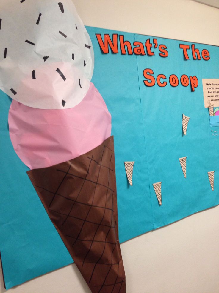 an ice cream cone with the words what's the scoop? on it is displayed in front of a bulletin board