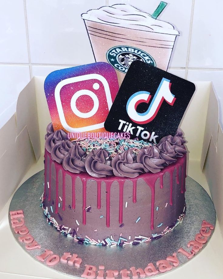 a birthday cake decorated with instagram and starbucks