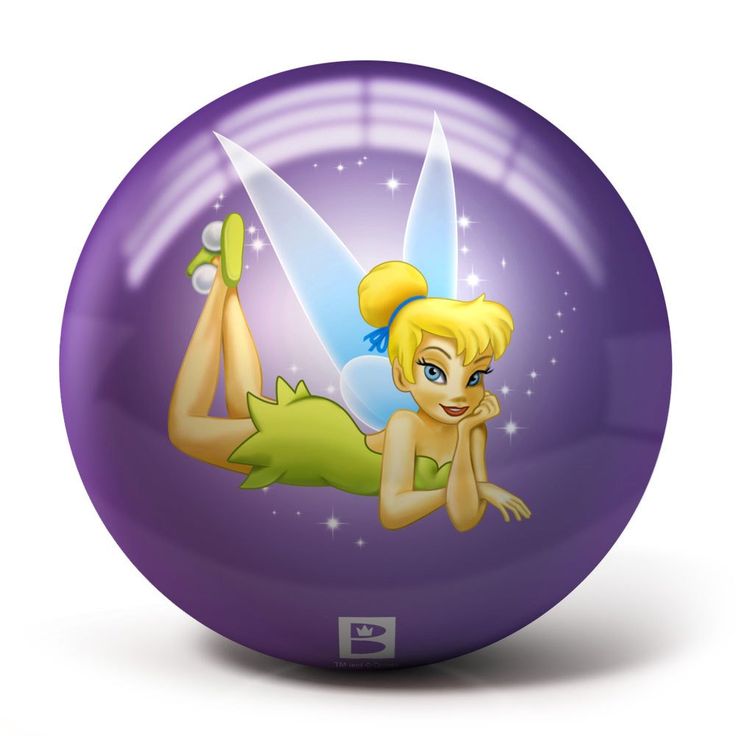 a purple ball with a cartoon tinkerbell laying on it