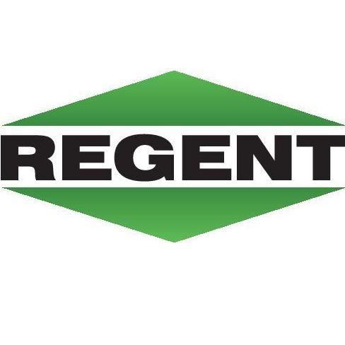 the regent logo is shown in black on a green diamond shaped background with white letters