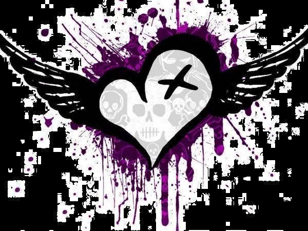 a white heart with purple splats and a cross on it