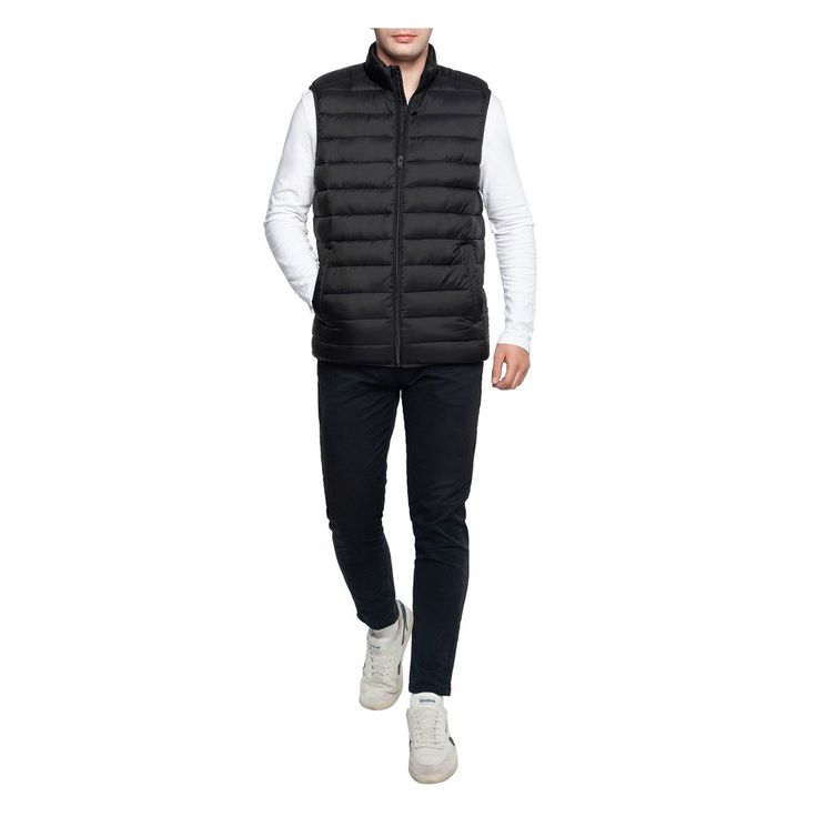 Our Rokka&Rolla Men's Puffer Vest is perfect to keep you extra cozy for outdoor activities or daily lifestyle. Lightweight and easy to carry-on with you everywhere! Filled with down alternatives and a water-resistant finish to help stay warm at all times. Protect your neck from the wind with our added chin guard feature. Remain stylish and comfortable in this sleeveless vest for endless outfit ideas. Urban Weatherproof Puffer Jacket For Outdoor Activities, Black Quilted Puffer Jacket For Outdoor Activities, Black Quilted Outerwear For Outdoor Activities, Black Nylon Outdoor Puffer Jacket, Black Nylon Puffer Jacket For Outdoor, Black Down Puffer Jacket For Outdoor Activities, Casual Nylon Puffer Jacket For Outdoor, Casual Outdoor Puffer Jacket With Pockets, Casual Puffer Jacket With Pockets For Outdoor