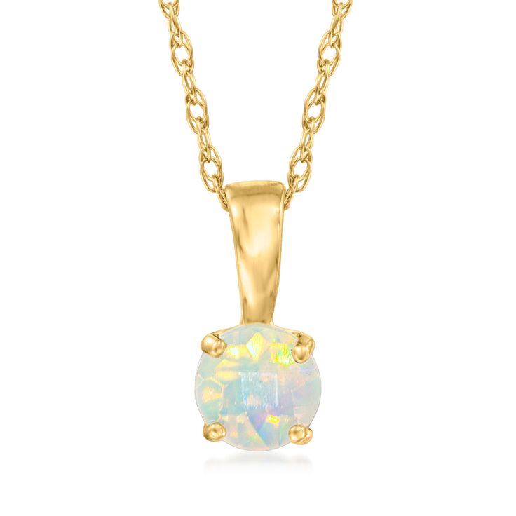 Ross-Simons - Opal Pendant Necklace in 14kt Yellow Gold. 18". RS Pure. Modern designs that complete your outfit and complement your personality. Create unique layers with this dainty necklace. Crafted in polished 14kt yellow gold, the 4mm opal pendant suspends from a simple rope chain. Springring clasp, opal pendant necklace. Opal birthstones are the perfect gift for October birthdays. Gold Opal Necklace, Dainty Opal Necklace, October Birthdays, Jewelry Presentation, Opal Birthstone, Necklace Opal, Opal Pendant Necklace, Yellow Gold Jewelry, Opal Color