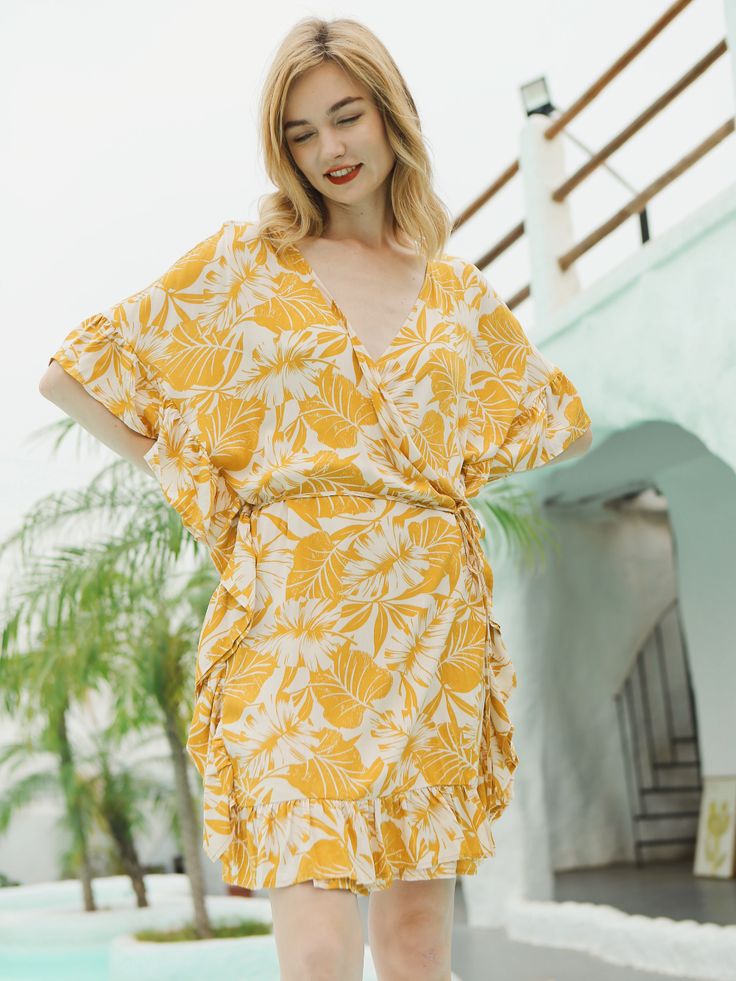 Tropicalia Floral Belted Kaftan | Moss Rose | Women's Vacation & Life Fashion – Shopmossrose Beachwear Wrap Cover-up With Tie Waist, Spring V-neck Swimwear With Tie Waist, V-neck Swimwear With Tie Waist For Summer, V-neck Beach Dress With Tie Waist For Vacation, Spring Beach Party Cover-up With Tie Waist, Beach Season Cover-up With Tie Waist, Summer Beach Cover-up With Tie Waist, Vacation Rayon Cover-up, V-neck Tie Waist Beach Cover-up