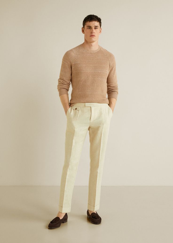 Regular-fit cotton linen trousers - Men | Mango Man USA Beige Top Outfit, Tunic Men, Linen Trousers Men, Cuban Collar Shirt, Cotton Linen Trousers, Dad Fashion, Linen Fashion, Shirt Tucked In, Cotton Long Sleeve Shirt