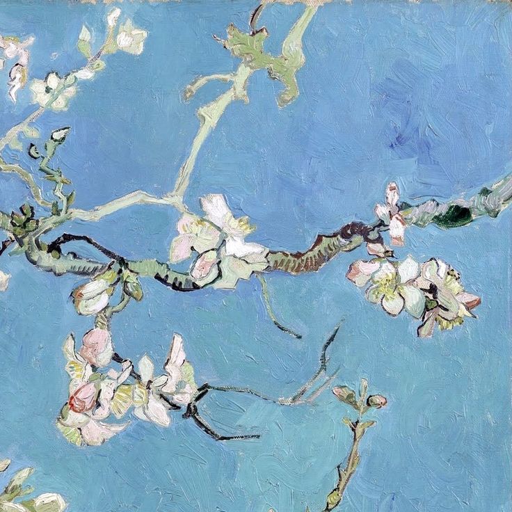 an image of a painting with flowers on the branches and blue sky in the background